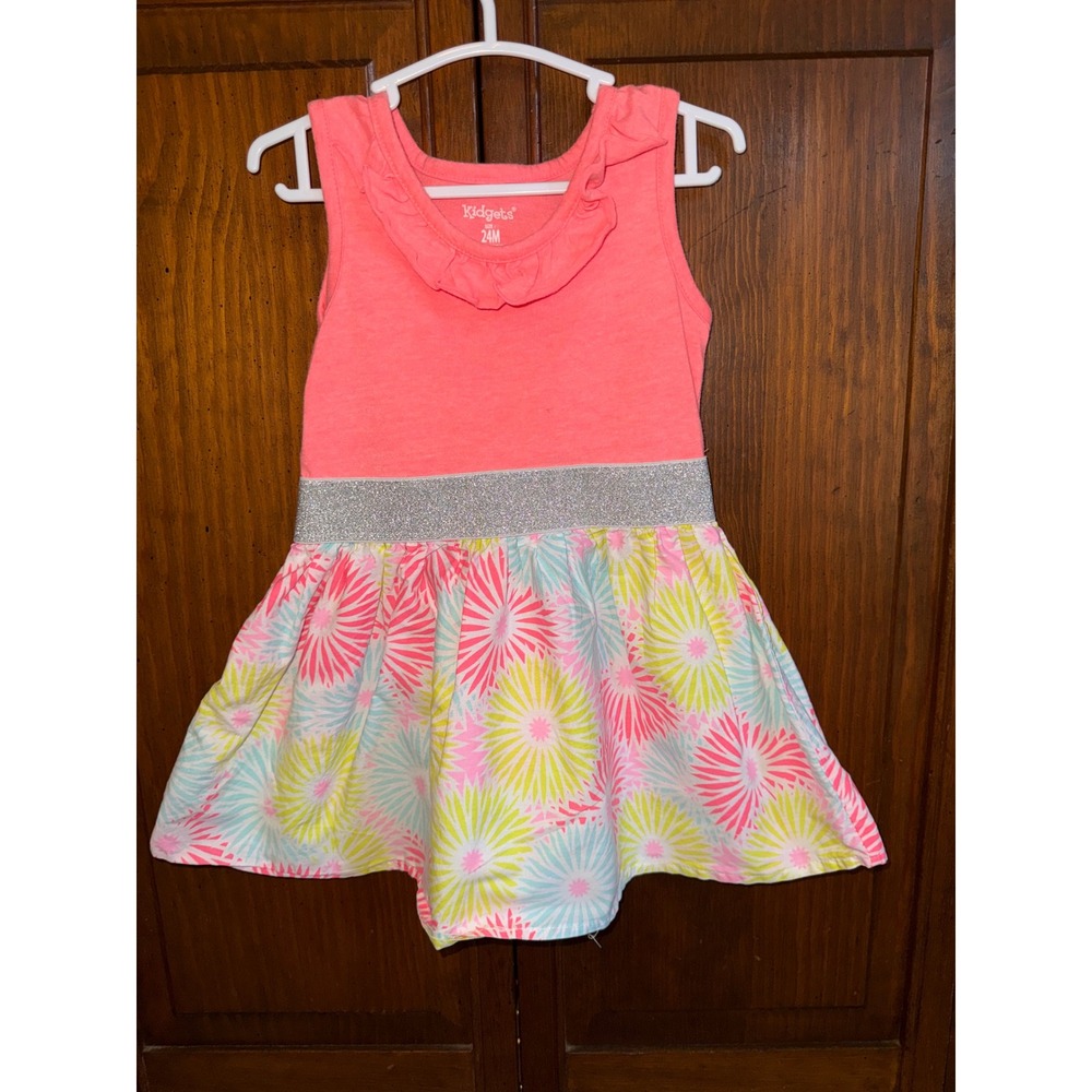 Kidgets Toddler Girls Coral Pink Floral Dress Silver Glitter Waist 24M